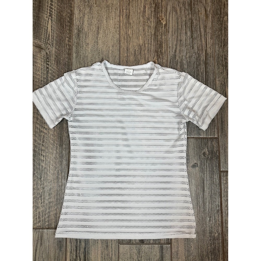 Zyia Active White Mesh Striped Short Sleeve Top Athletic Tee Womens M
